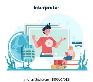 Translator and translation service concept. Polyglot translating document, books and speach. Multilanguage translator using dictionary. Isolated vector illustration