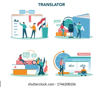 Translator and translation service concept set. Polyglot translating document, books and speach. Multilanguage translator using dictionary. Isolated vector illustration