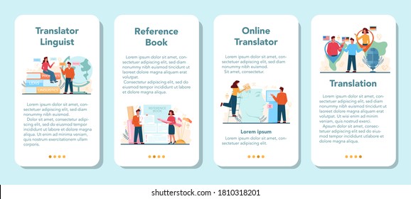 Translator and translation service mobile application banner set. Linguist translating document, books and speach. Multilanguage translator using dictionary. Isolated vector illustration