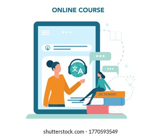 Translator and translation service online service or platform. Polyglot translating document, books and speach. Online course. Vector illustration