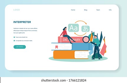 Translator and translation service web banner or landing page. Polyglot translating document, books and speach. Multilanguage translator using dictionary. Isolated vector illustration