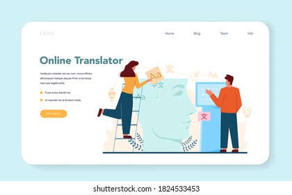 Translator and translation service web banner or landing page. Linguist translating document, books and speach. Multilanguage translator using dictionary. Isolated vector illustration