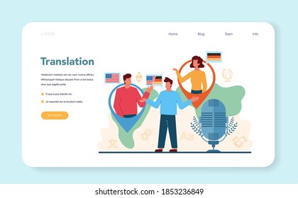 Translator and translation service web banner or landing page. Linguist translating document, books and speach. Multilanguage translator using dictionary. Isolated vector illustration