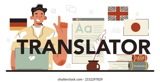 Translator typographic header. Linguist translating document, books and speach. Multilanguage translator using dictionary, translation service. Isolated vector illustration