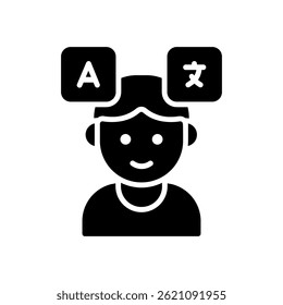 Translator Vector for Language Interpretation and Study – Headset with speech bubble icon, linguistic learning design. Glyph Icon