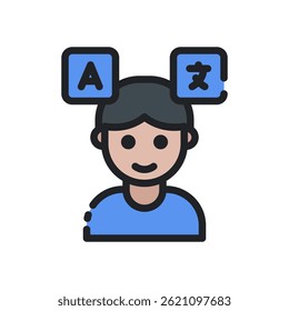 Translator Vector for Language Interpretation and Study – Headset with speech bubble icon, linguistic learning design. Filled Line Icon