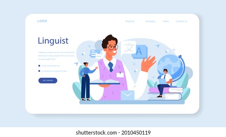 Translator web banner or landing page. Linguist translating document, books and speach. Multilanguage translator using dictionary, translation service. Isolated vector illustration