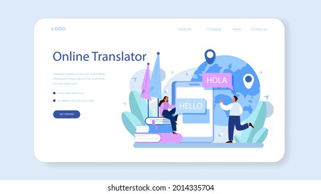 Translator Web-Banner oder Landing-Seite. Linguist übersetzt Dokument, Bücher und Spachtel. Mehrsprachiger Übersetzer mit Wörterbuch, Übersetzungsdienst. Einzelne Vektorgrafik