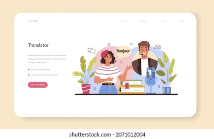 Translator web banner or landing page. Linguist translating document, books and speach. Multilanguage translator using dictionary, translation service. Isolated vector illustration