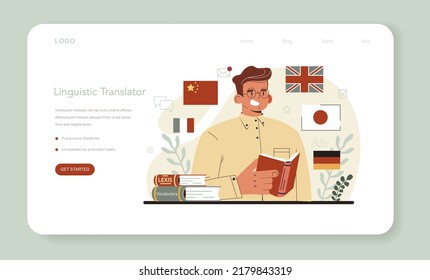 Translator web banner or landing page. Linguist translating document, books and speach. Multilanguage translator using dictionary, translation service. Isolated vector illustration