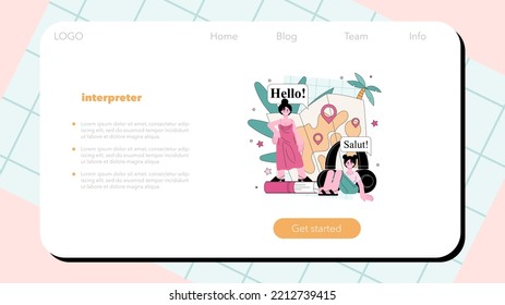 Translator web banner or landing page. Linguist translating document, books and direct speech. Interpreter performing translation from one language to another. Flat vector illustration