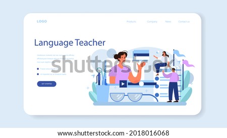 Translator web banner or landing page. Linguist translating document, books and speach. Multilanguage translator using dictionary, translation service. Isolated vector illustration