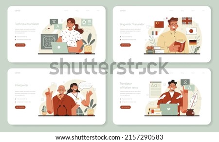 Translator web banner or landing page set. Linguist translating document, books and speach. Multilanguage translator using dictionary, translation service. Isolated vector illustration