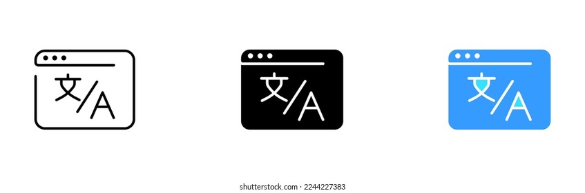 Icono de juego de sitios web del traductor. Servicio de traducción, comunicación, a nivel mundial, en línea, internet, operador, teléfono, jeroglífico, diccionario. Icono de vector en línea, estilo negro y colorido sobre fondo blanco