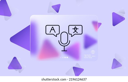 Icono de línea de micrófono de los traductores. Entrada de voz, voz sobre traducción, multilingüe, diccionario, vocabulario, carta, jeroglífico. Concepto tecnológico. Estilo de glasmorfismo. Icono de línea de vector para empresas.
