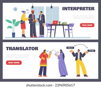 Traductores, gente, carteles con ilustraciones vectoriales sobre fondo blanco. Diferentes personajes multinacionales, intérpretes de hombres y mujeres, traducen varios idiomas. Estilo de caricatura plano.