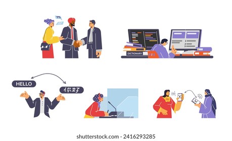 Translators people, set of vector illustrations isolated on white background. Different multinational characters, men and women interpreters, translation various language. Flat cartoon style.