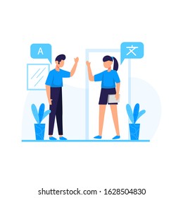 Translators translate articles, teach and communicate using foreign languages vector illustration, suitable for landing page, ui, website, mobile app, editorial, poster, flyer, article, and banner