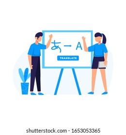 Translators translate articles, teach and communicate using foreign languages vector illustration, suitable for landing page, ui, website, mobile app, editorial, poster, flyer, article, and banner