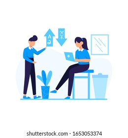 Traductores traducen artículos, enseñan y comunican usando idiomas extranjeros ilustraciones vectoriales, adecuadas para la página de inicio, ui, sitio web, aplicación móvil, editorial, afiche, volante, artículo y pancarta.