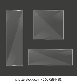 Translucent architectural glass. Darkened metallic backdrop. Vector reflective frames. Geometric crystalline surfaces.