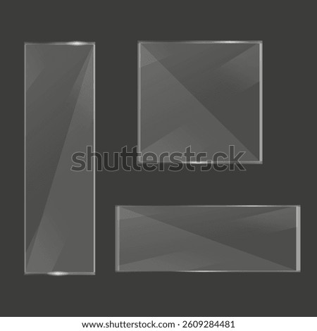 Translucent architectural glass. Darkened metallic backdrop. Vector reflective frames. Geometric crystalline surfaces.
