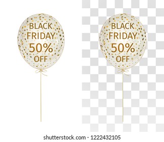 Translucent balloon with gold spangles with the inscription Black Friday 50 percent off. Decorative element to illustrate sales. Promotional banner for  season of discounts. Eps 10 vector
