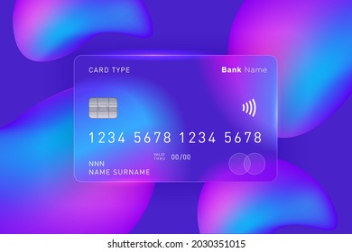 Translucent Bank Card And Abstract Shapes. Vector Image In The Glass Morphism Style. Place For Your Text. .