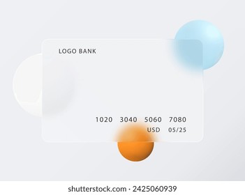 Translucent bank card and colored spheres. Vector image in glass morphism style