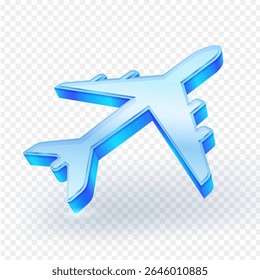 Translucent blue glass 3D airplane icon, depicting air travel, tourism, or logistics. This modern, glossy design is set against isolated on transparent background. vector illustration.