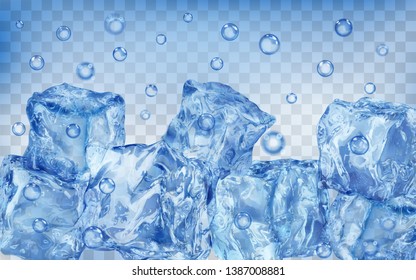 A lot of translucent blue ice cubes and air bubbles under water on transparent background. Transparency only in vector format