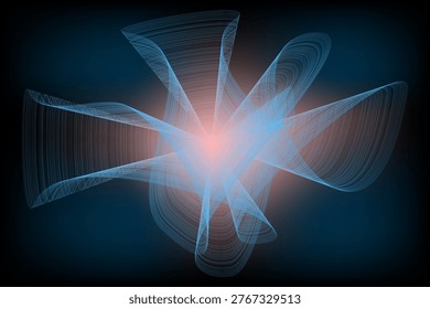 Translucent blue lines that twist and fan out into several petal-like or wing-like structures. Overlapping lines create a moiré-like texture, suggesting high-frequency vibrations or sound waves.