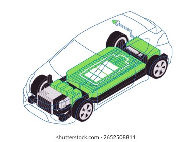 Um contorno azul translúcido de um carro elétrico revela seus componentes internos verdes vibrantes a bateria e o motor elétrico enfatizando a tecnologia central dos veículos elétricos