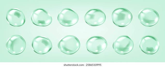 Translucent bubbles encapsulating collagen molecules realistic color icons set. Scientific research of skincare 3d objects bundle on green