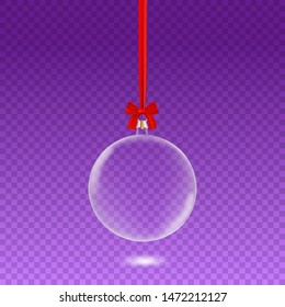 Translucent Christmas  bauble  on red string with fine highlights and shadow isolated on transparent background, Xmas ornmament.