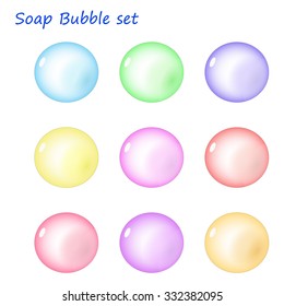 Translucent  color soap bubbles set on white background, for children game, laundry cards, isolated vector illustration