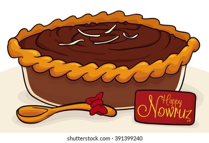 Translucent container with delicious samanu with a golden spoon with a bow and a card with greeting message for Nowruz.