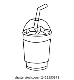 translucent cup filled with ice cubes and a straw doodle outline drawing of butterfly. simple Black line. 