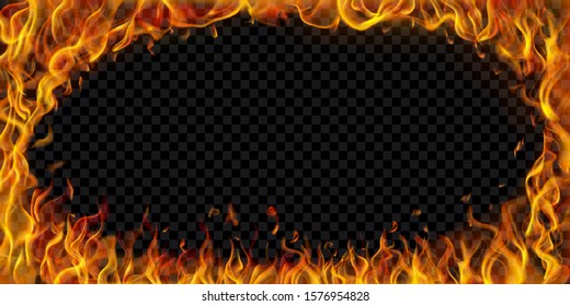 Translucent elliptical frame made of fire flames and sparks on transparent background. For used on dark illustrations. Transparency only in vector format