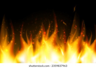 Translucent fiery flames and sparks with horizontal repetition on a transparent background. For use on dark illustrations. Transparency only in vector