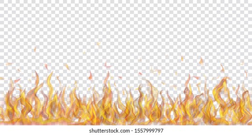 Translucent fire flames and sparks with horizontal repetition on transparent background. For used on light illustrations. Transparency only in vector format