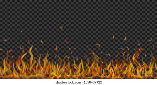 Translucent fire flames and sparks with horizontal repetition on transparent background. For used on dark illustrations. Transparency only in vector format
