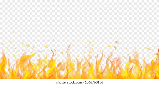 Translucent fire flames and sparks with horizontal repetition on transparent background. For used on light illustrations. Transparency only in vector format