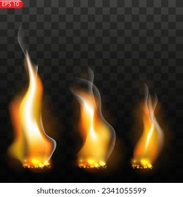 Translucent fire flames and sparks with horizontal repetition on transparent background. For used on dark illustrations. Transparency only in vector format