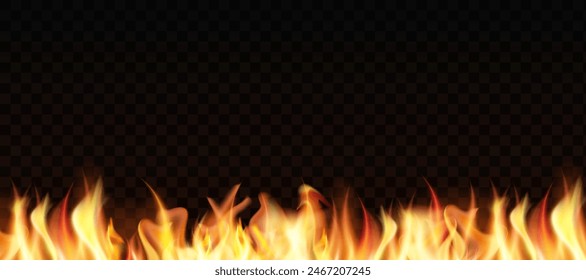 Translucent fire flames and sparks with horizontal repetition on transparent background. For used on dark illustrations. Transparency only in vector format