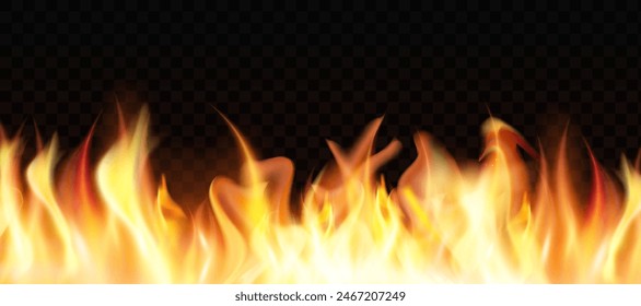 Translucent fire flames and sparks with horizontal repetition on transparent background. For used on dark illustrations. Transparency only in vector format