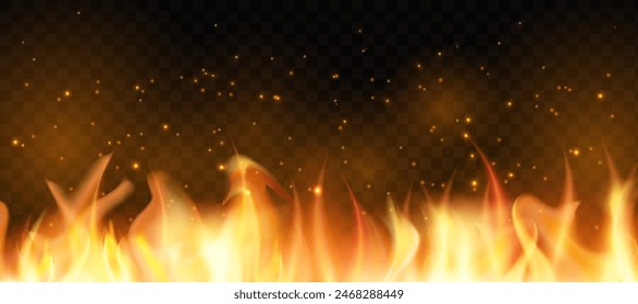 Translucent fire flames and sparks with horizontal repetition on transparent background. For used on dark illustrations. Transparency only in vector format