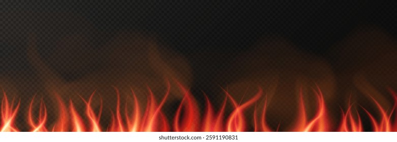 Translucent fire flames with sparks and horizontal repetition, isolated on a transparent background. A realistic vector illustration of fiery heat waves, burning campfire flames