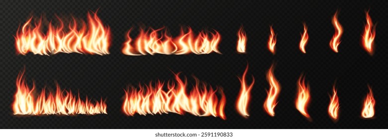 Translucent fire flames with sparks and horizontal repetition, isolated on a transparent background. A realistic vector illustration of fiery heat waves, burning campfire flames