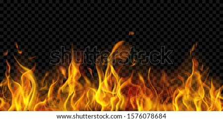 Translucent fire flames and sparks with horizontal repetition on transparent background. For used on dark illustrations. Transparency only in vector format Stok fotoğraf © 